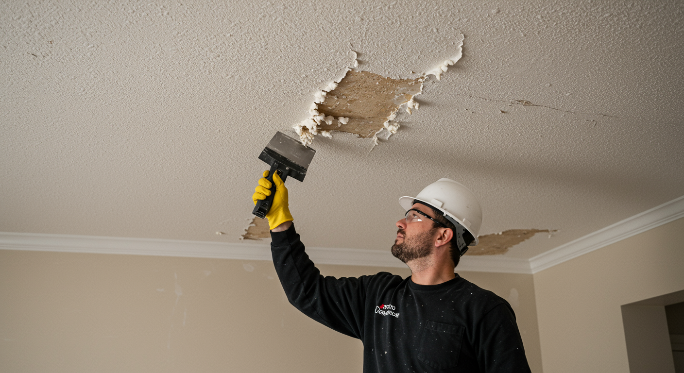 A professional contractor carefully scraping off a popcorn ceiling in a well-lit living room. The image captures the action of removal, showcasing the texture of the popcorn ceiling being removed and the clean, smooth surface underneath.
