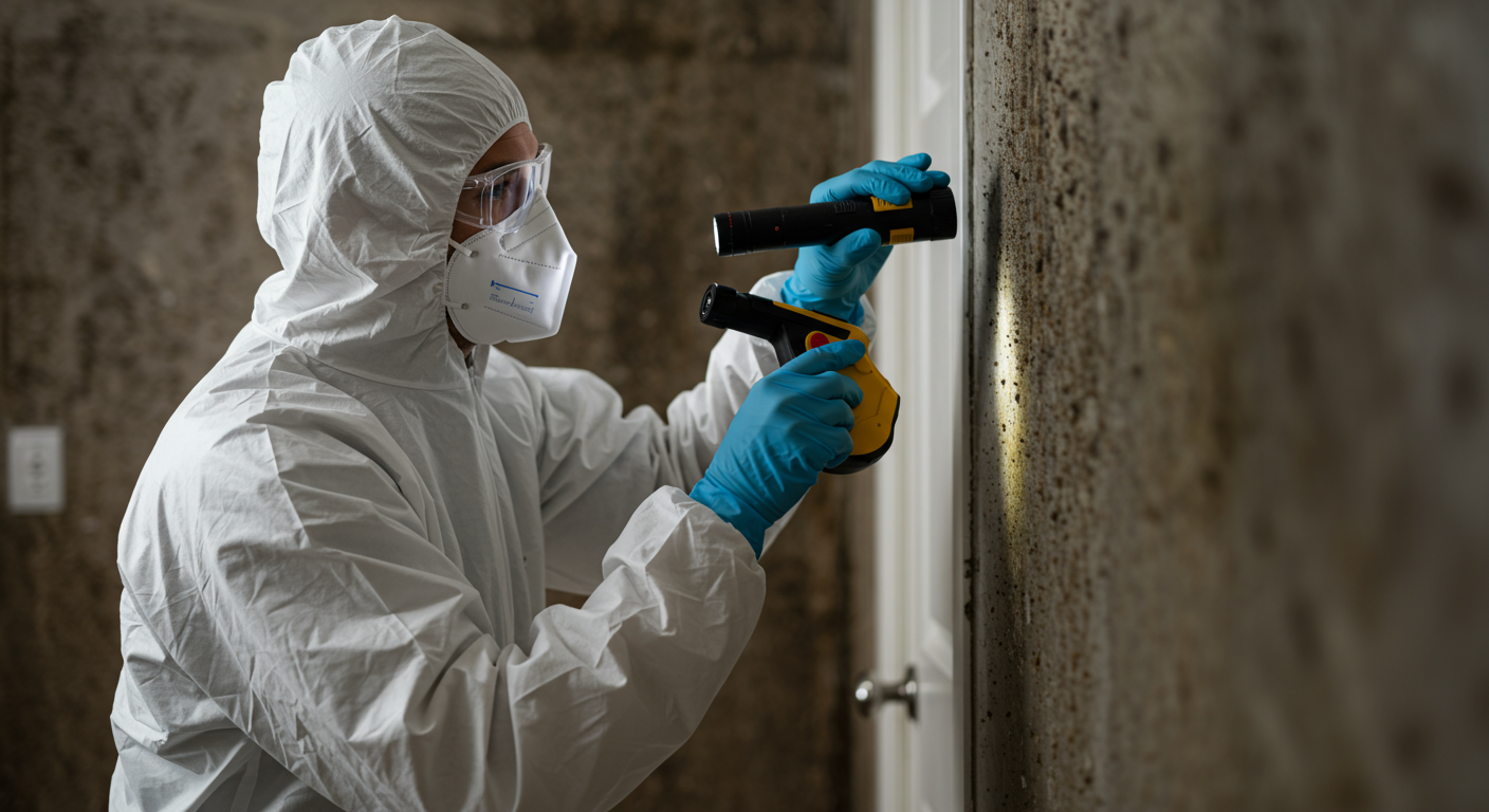 A professional wearing protective gear examines a wall for mold growth using a flashlight and moisture meter. The setting is a residential home with visible signs of mold on the wall.