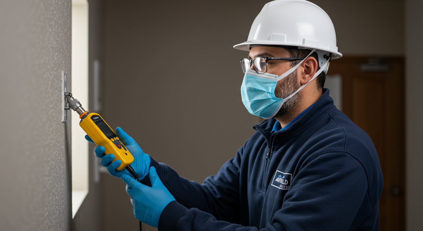 A professional mold inspector examining a wall with a moisture meter, showcasing the process of identifying mold presence in a residential setting.