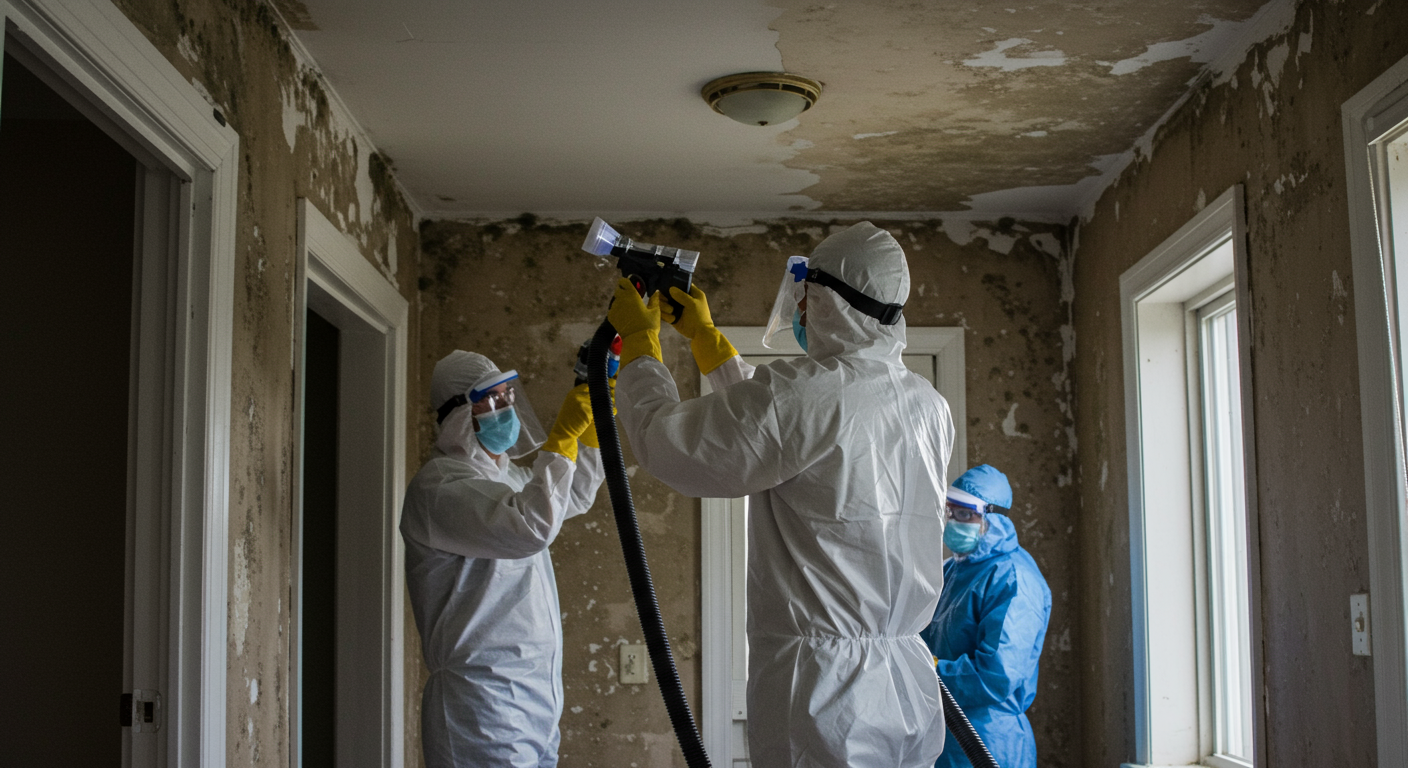 A professional mold removal team wearing protective gear is actively working in a home environment, using specialized equipment to remove mold from walls and ceilings.
