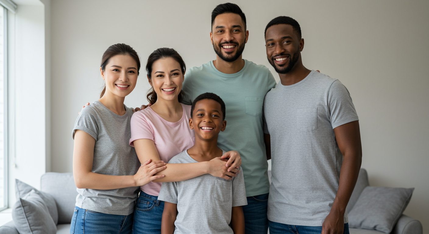 A happy family standing in their newly restored living room, smiling and relieved after successful mold remediation. The background shows a clean and inviting space, symbolizing safety and comfort.