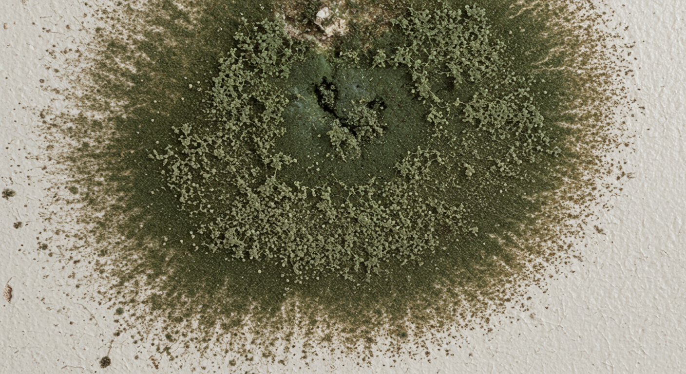 A close-up shot of mold growing on a damp wall in a home setting. The image captures the texture and color variations of the mold, emphasizing the need for immediate testing and remediation.